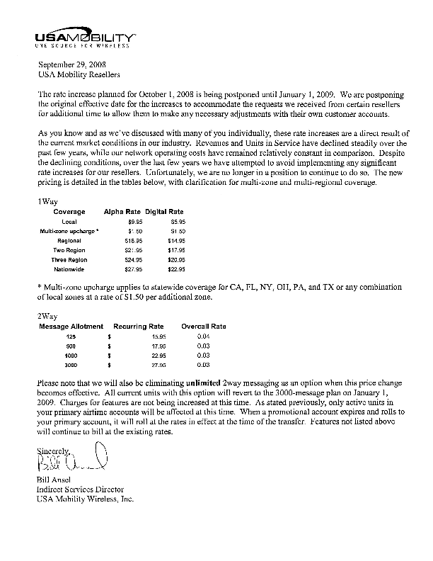 usa mobility letter to resellers